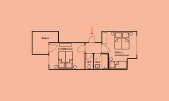 An apartment design with two bedrooms, one bathroom, and a balcony. The floor plan shows the arrangement of the rooms in a clear layout.