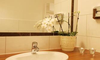 A modern bathroom with a large mirror and an elegant sink. Plants and candles give the room a relaxed atmosphere.