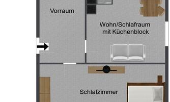 A floor plan of an apartment with a living/sleeping area, bedroom, bathroom, and balcony. The space is designed simply and clearly.
