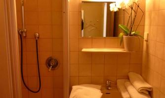 A small bathroom with a shower, a sink, and a mirror. Fresh towels are placed on the sink, and a plant stands beside it.