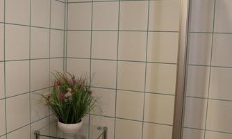 A modern bathroom with white tiles and a shower area. On a glass shelf are towels and a small plant.