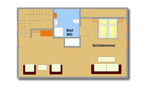 A simple floor plan drawing of a bedroom with a bathroom and toilet. The furniture is drawn schematically.