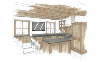 A modern kitchen with wooden cladding and a large work area. Windows provide plenty of daylight and create an inviting atmosphere.