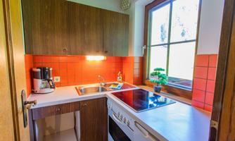 A modern kitchen with wooden cabinets and orange tiles. The window lets in a lot of light and there is a small plant on the countertop.