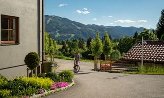 A cyclist rides along a picturesque path, surrounded by green meadows and mountains. The sky is clear and the sun shines on the landscape.