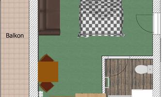 A simple living space layout with a double bed, a sofa, and a table. On the left side is a balcony and on the right a bathroom with a sink and toilet.