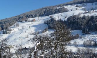 A snowy landscape with gentle hills and fir trees. In the background, ski lifts and some cabins are visible.