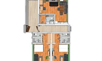 A clear floor plan drawing of an apartment. The design includes two bedrooms, a living room, and a kitchen.