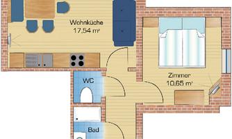 A floor plan drawing of an apartment with a living kitchen and a bedroom. The bathroom and the toilet are also illustrated.