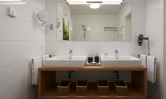 A modern bathroom with two sinks and a mirror. The room is bright and minimally furnished.