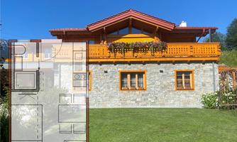 An appealing house with a wooden balcony and a stone facade stands in a beautiful garden landscape. In the foreground, a floor plan of the house is depicted.