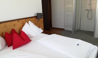 A cozy bedroom with a large bed and red pillows. In the background, a modern bathroom with a shower can be seen.