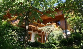 A beautiful wooden house surrounded by green trees and plants. The garden is inviting and sunny.