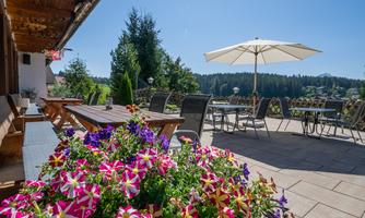 A sunny terrace with colorful flowers and a sunshade. In the background, green trees and a clear blue sky can be seen.