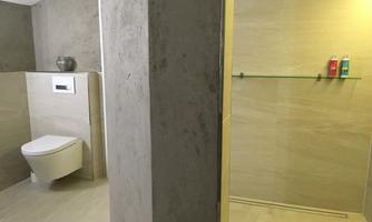 A modern bathroom with a shower and a toilet. The walls are in neutral tones, and personal care products are placed on the shower shelf.