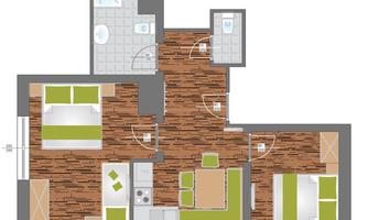 A detailed floor plan drawing of an apartment. The rooms include a bedroom, a living room, and a bathroom, all designed in light colors.