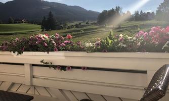 A beautiful balcony with colorful flowers and a view of green meadows and mountains. The sky is partly cloudy and the sun is shining.