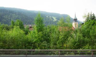 An idyllic landscape with tall trees and gentle hills in the background. In the foreground, a wooden railing is visible.