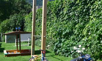 A beautiful garden with green plants and a clear sky. There are play equipment like a sandbox and a children's vehicle.