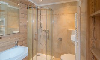A modern bathroom with a shower cabin and wooden paneling. It offers a bright and inviting atmosphere.