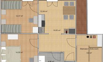 A floor plan drawing of an apartment with various rooms. The layout includes a bedroom, living room, kitchen, and a bathroom.