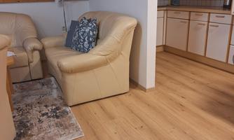 A cozy living space with beige leather furniture and a rug. The open kitchen is well-equipped and visible from the living area.