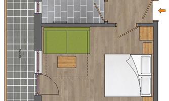 A room layout with a bedroom, a bathroom, and a living area. The room is designed in a modern style with a bed, a couch, and a coffee table.