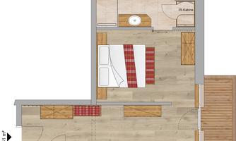 A floor plan of an apartment with various rooms. The rooms are divided into a bedroom, living room, kitchen, and bathroom.