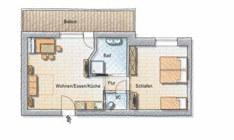A simple apartment floor plan drawing featuring a balcony, a living and dining area, a kitchen, a bathroom, and a bedroom. The rooms are clearly structured and well arranged.