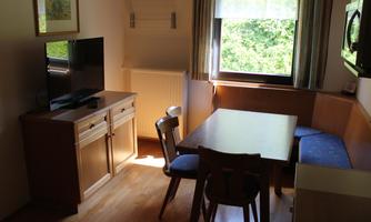 A cozy living space with a table, chairs, and a television. Daylight comes through the window, and you can see the greenery outside.