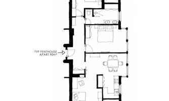A floor plan drawing of a penthouse apartment. The rooms are clearly arranged and include a living room, bedroom, and a kitchen.
