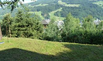 A green meadow with trees and a view of the mountains. In the background, a small town can be seen in a picturesque setting.