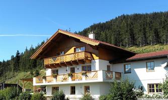 A typical Alpine house with wooden decorations. In the background, green forests and a clear sky can be seen.