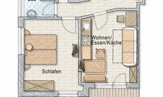 A simple floor plan drawing of an apartment with one bedroom, one bathroom, and a living room with a kitchen. The balcony is also drawn in.