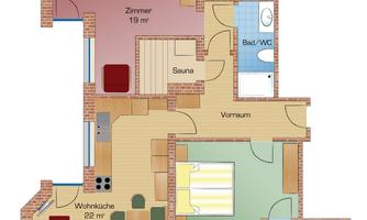 This is a floor plan of an apartment. The rooms include a living kitchen, two bedrooms, a bathroom, and a sauna.