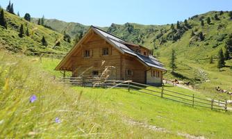 A beautiful wooden house in a green landscape. In the background lie gentle hills and trees.