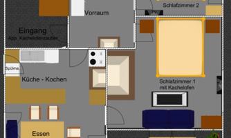 A floor plan of an apartment with several rooms. The kitchen, dining room, and two bedrooms are well arranged, with a terrace for four people.