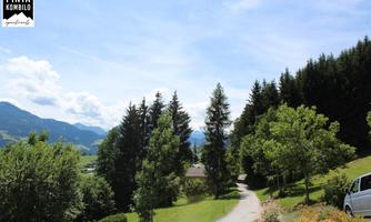 A picturesque landscape with green trees and a winding road. In the background, mountains and a blue sky can be seen.