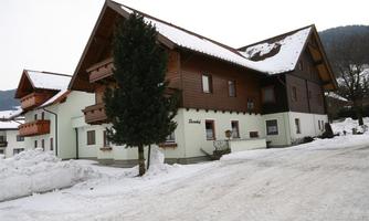 A cozy building in the snow with a large tree in front. In the background, mountains and additional snow-covered buildings can be seen.