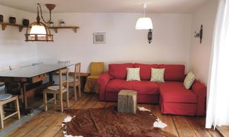 A cozy living room with a red sofa and a wooden table. The floor is made of wood and a cowhide lays on it.