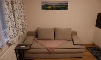 A cozy living room with a beige sofa and a pink blanket. In the background, a landscape painting hangs on the wall.