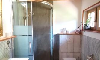 A modern bathroom with a glass shower and an elegant sink. The wooden ceiling and natural light create a warm atmosphere.
