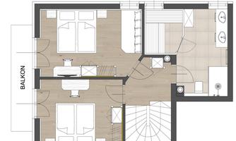 A floor plan of a modern apartment with two bedrooms, a balcony, and an open living area. The rooms are designed to be bright and functional.