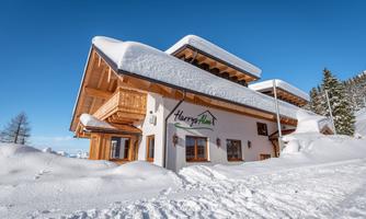 A modern building in winter, surrounded by a lot of snow. The sky is clear and blue, creating an idyllic winter landscape.