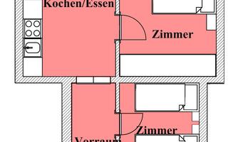 A floor plan of an apartment with different areas. The areas include a room, an entrance hall, a bathroom/WC, and a kitchen with a dining area.