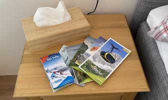 A wooden nightstand with two drawers. On it lie several brochures and a box of tissues.