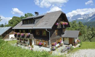 A charming, old wooden house surrounded by lush greenery and colorful flowers. In the background, mountains and a blue sky are visible.