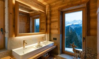 A modern wooden bathroom with two sinks and a large window. The view showcases the impressive mountains in the background.