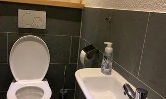 A clean bathroom with a toilet and a small sink. The walls are tiled in dark gray.