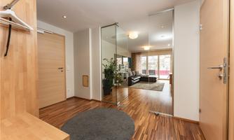 An inviting hallway with a round carpet and a large wall mirror. In the background, a cozy living room with a sofa and plants can be seen.